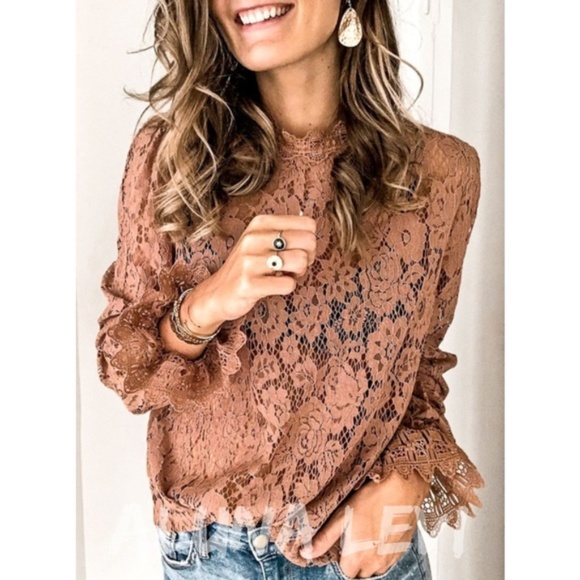 #44 Boho Floral Lace Sheer Flounce Sleeve Blouse - Picture 3 of 7